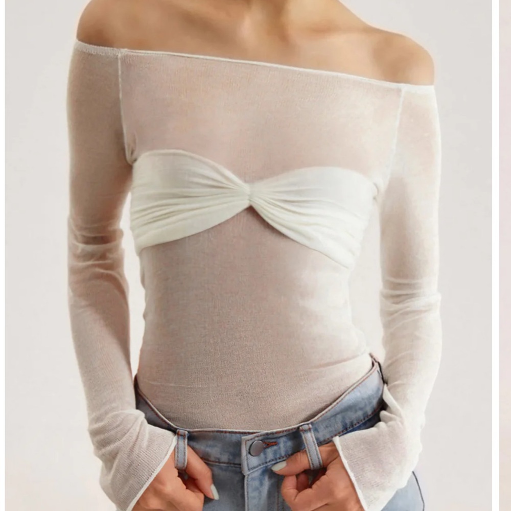 Semi-Sheer Off-Shoulder Mesh Long Sleeve Shirt